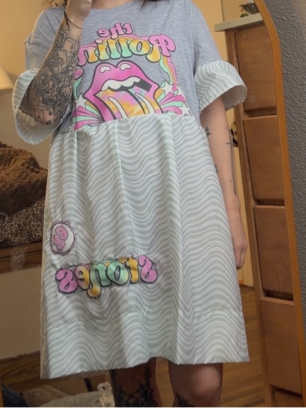 Graphic Pastel Stripe Rolling Stones Tee Dress - Pink & Mint
